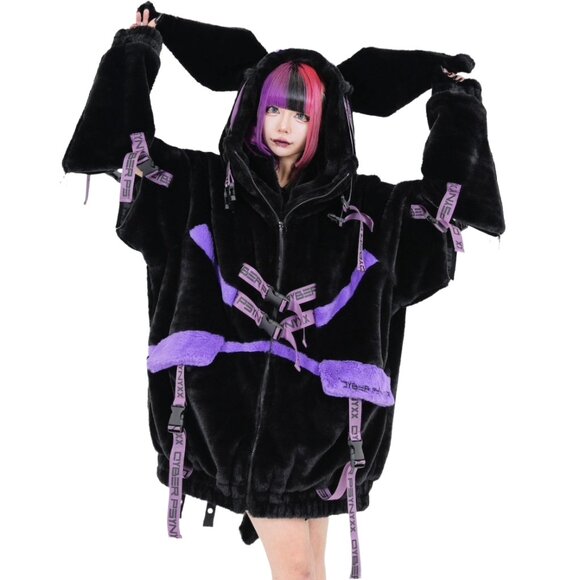 NEW PSYNXX - Cyberpunk Devil Ears Faux Fur Black Purple Oversized Jacket - Picture 1 of 4